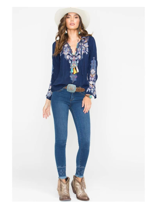 Johnny Was Tops - Johnny Was Tanya Embroidered Tunic Size XXL Blue Embroidered Long Sleeve